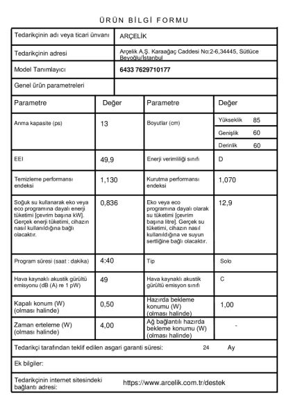 Arçelik 6433 3 Programlı Bulaşık Makinesi