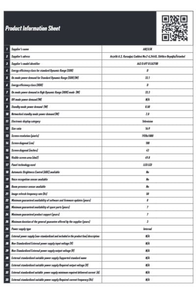 Arçelik A43 D 697 B Full HD 43'' 109 Ekran Uydu Alıcılı Android Smart LED TV