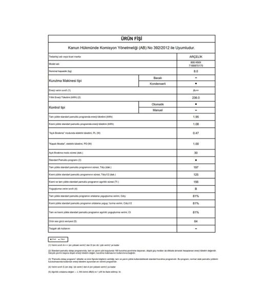Arçelik 800 KMX 8 KG A++ Isı Pompalı Kurutma Makinesi