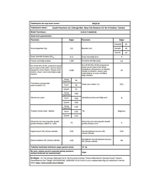 Arçelik 9124 N 1200 Devir 9 kg Çamaşır Makinesi
