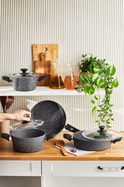 Karaca Biogranit Grey Rock 7 Parça Tencere Seti