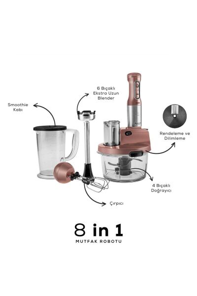 Karaca Mastermaid Prosteel Cam Mutfak Robotu Uzun Blender Ayaklı 6 Bıçaklı 2500 W Rosegold