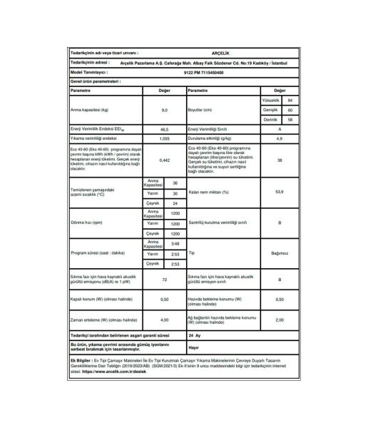 Arçelik 9122 PM 9 kg 1200 Devir Çamaşır Makinesi