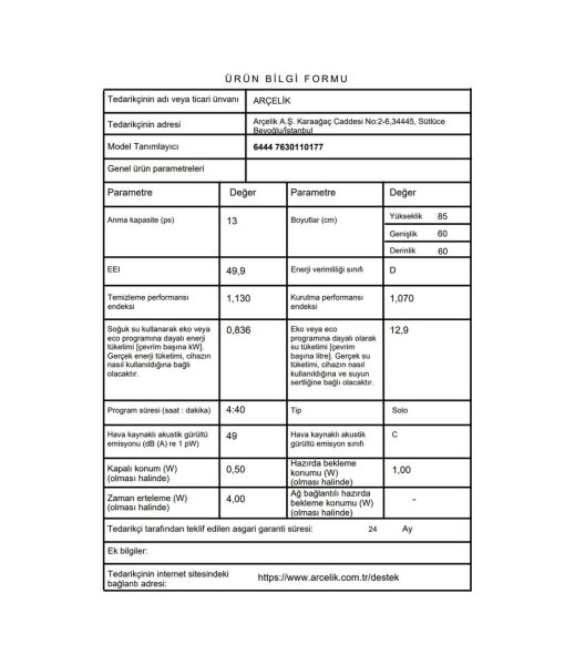 Arçelik 6444 4 Programlı Bulaşık Makinesi