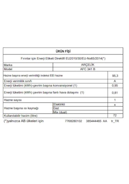 Arçelik AFC341 B Ankastre Fırın Beyaz
