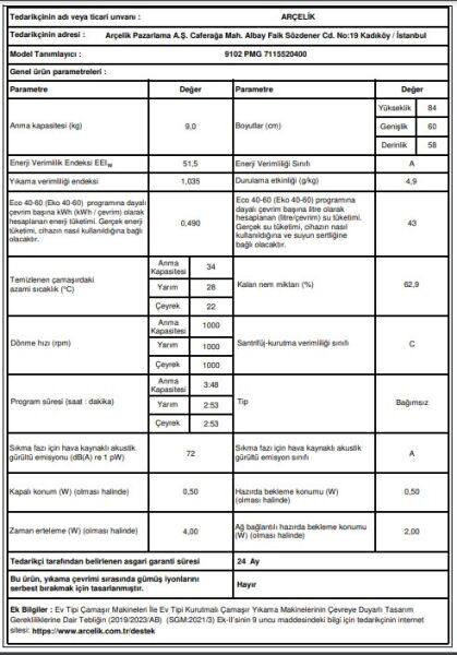 Arçelik 9102 PMG 1000 Devir 9 kg Çamaşır Makinesi