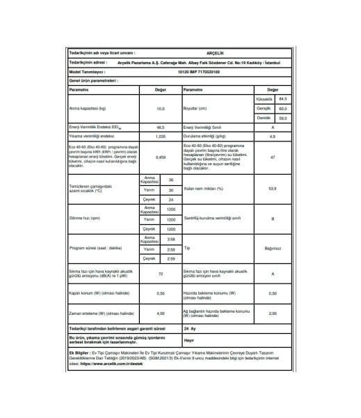 Arçelik 10120 IMP 1200 Devir 10 KG Neo Otonom Çamaşır Makinesi