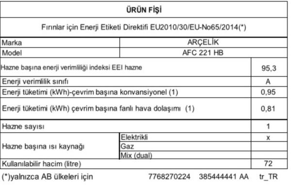 Arçelik AFC 221 HB 72 LT Ankastre Fırın