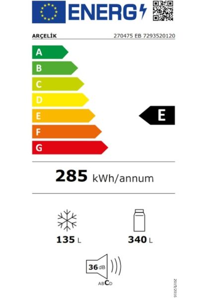 Arçelik 270475 EB 475 LT No-Frost Kombi Tipi Buzdolabı