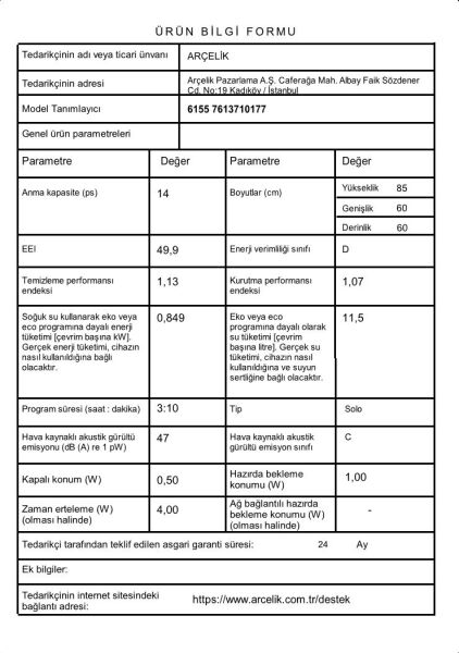Arçelik 6155 5 Programlı Bulaşık Makinesi
