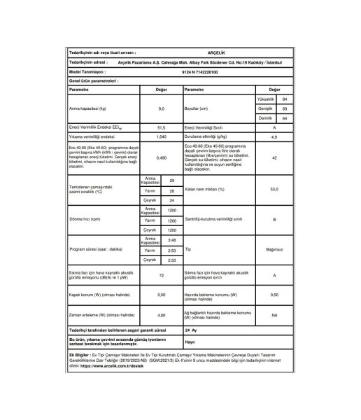 Arçelik 9124 N 1200 Devir 9 kg Çamaşır Makinesi